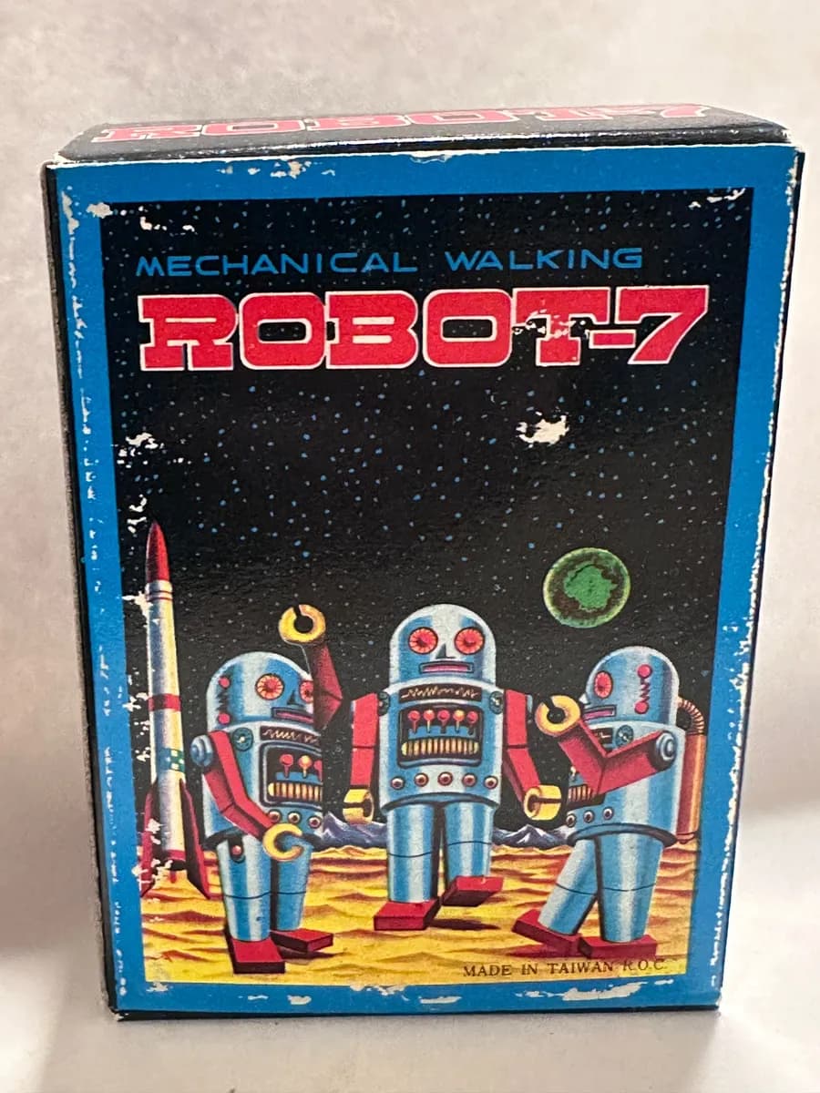 Vintage Robot-7 Mechanical Walking Tin Wind-Up Robot with Original Box, Taiwan