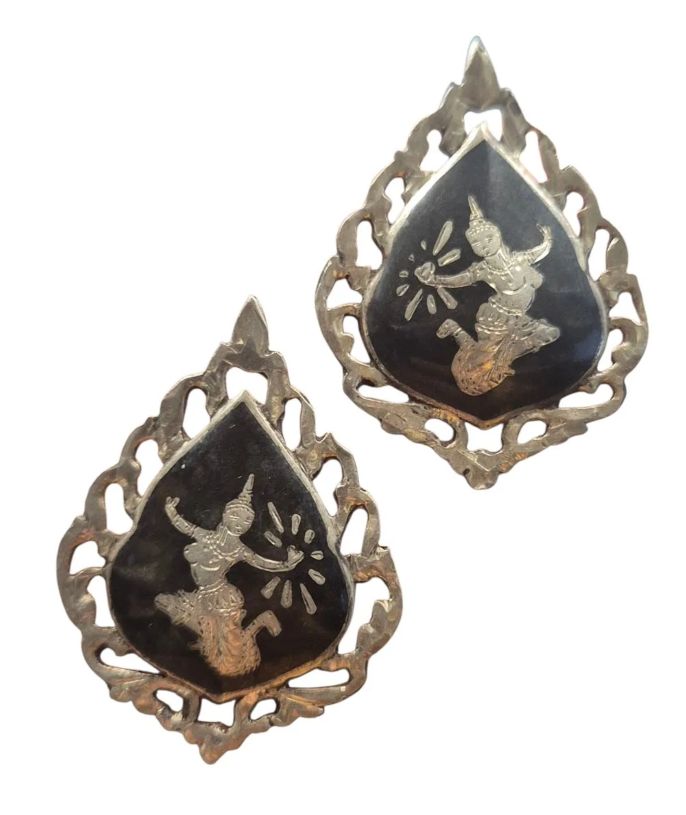 Vintage Siam Sterling Niello Mekkala Goddess Earrings (Thai Dancer) 6