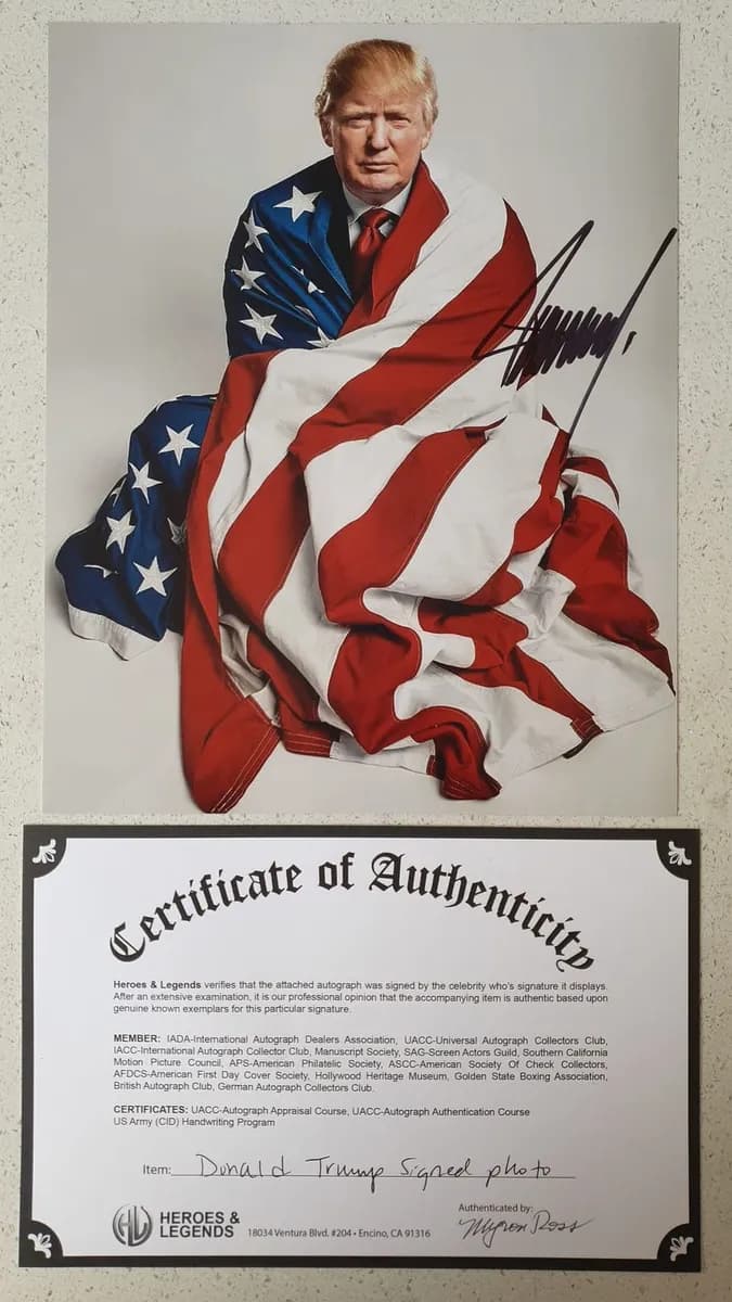Donald Trump Flag Portrait Photo with Signature, Framed with Heroes & Legends COA (Not Third-Party Authenticated)