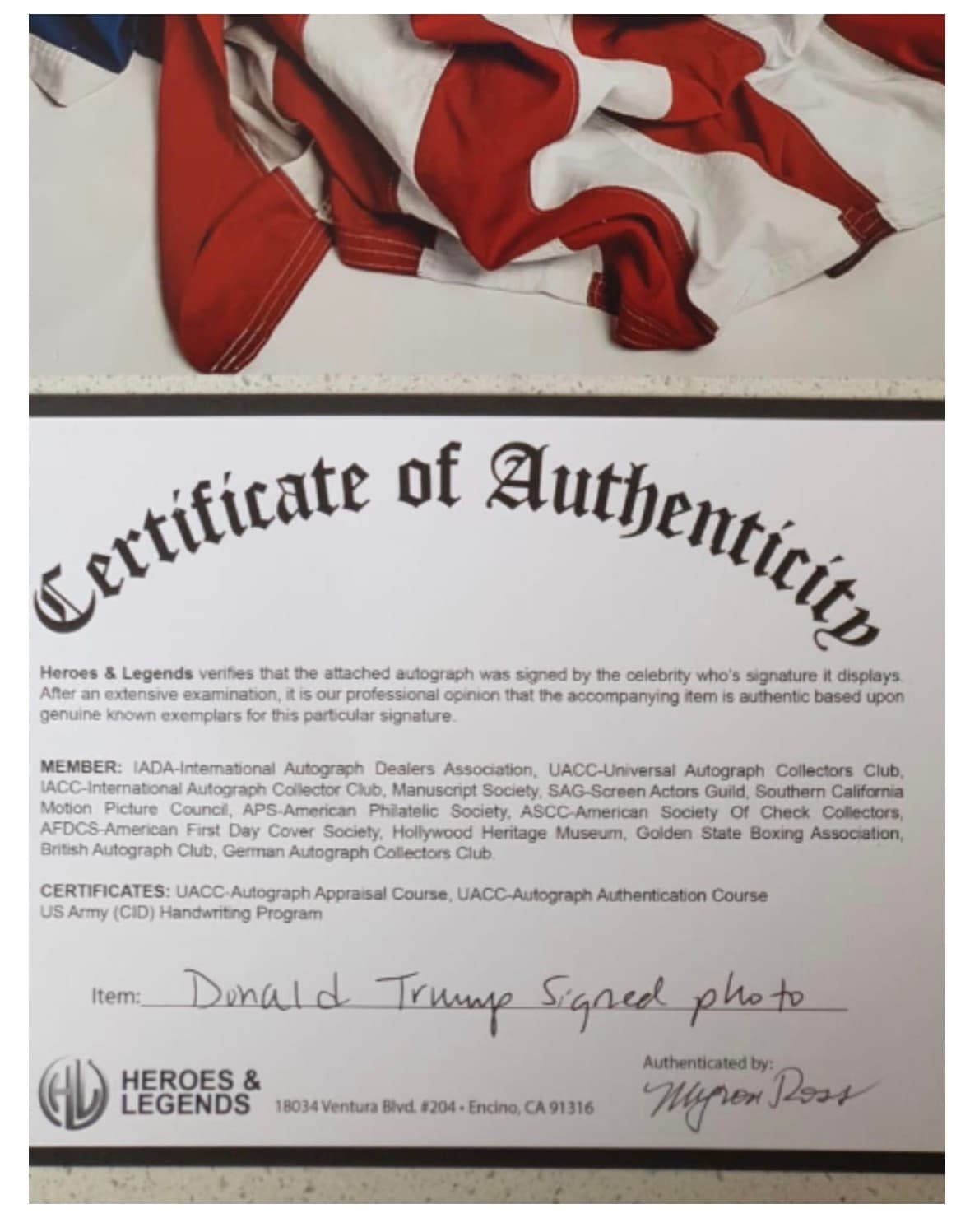 Donald Trump Signed Patriotic Photo - Heroes & Legends COA - Autographed Photograph 3