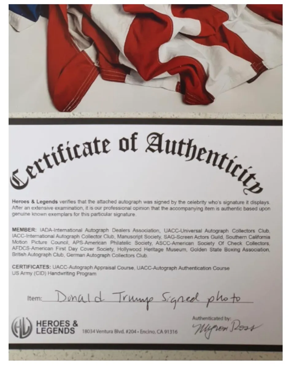 Donald Trump Flag Portrait Photo with Signature, Framed with Heroes & Legends COA (Not Third-Party Authenticated) 3