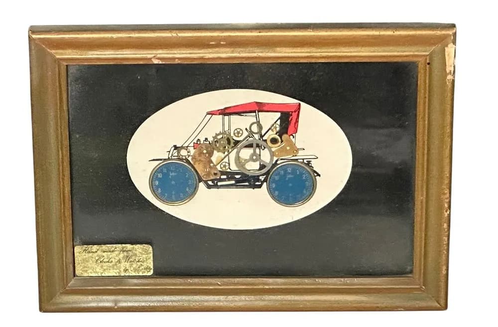 Vintage Watch Parts Art, Veteran Car Made from Clocks & Watches, Framed, Signed Plaque 5