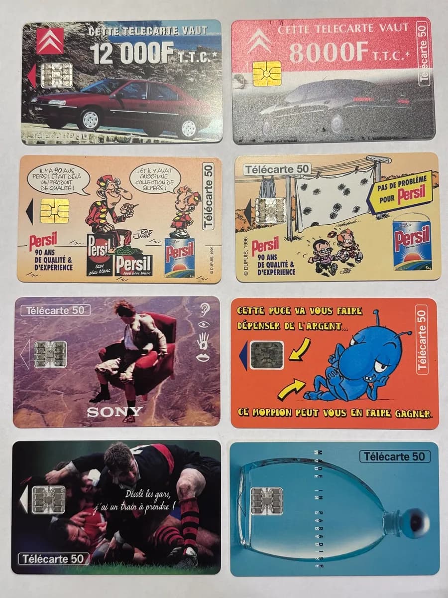 Vintage French Télécarte Phonecards (1990s), Lot of 8: Citroën, Persil Spirou, Sony, SNCF, Cacharel