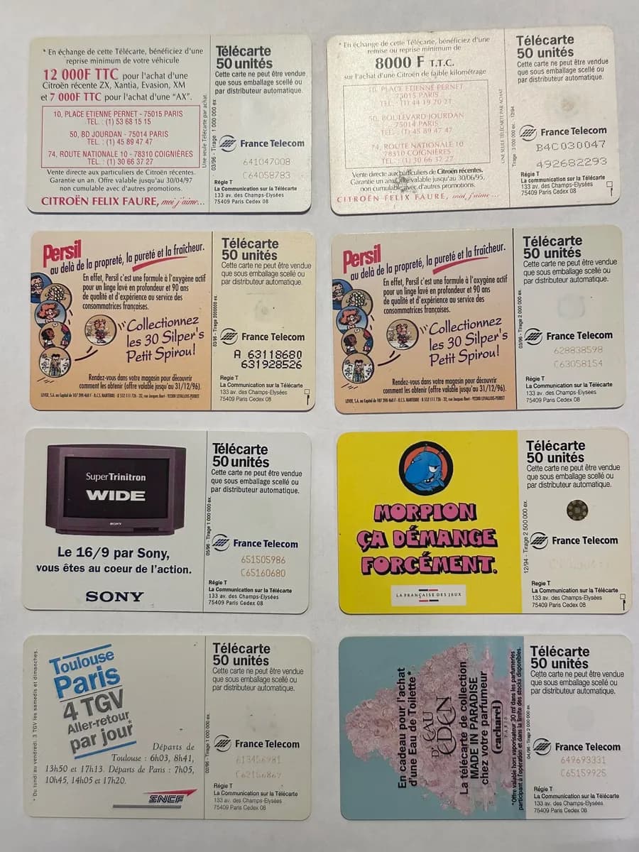Vintage French Télécarte Phonecards (1990s), Lot of 8: Citroën, Persil Spirou, Sony, SNCF, Cacharel 2