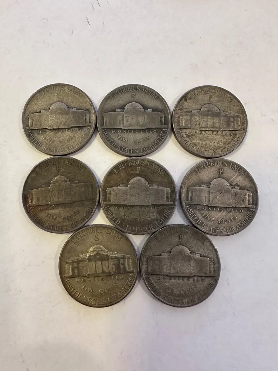 8x U.S. Silver War Nickels (1942–1945) – 35% Silver – P/D/S Mintmarks 2