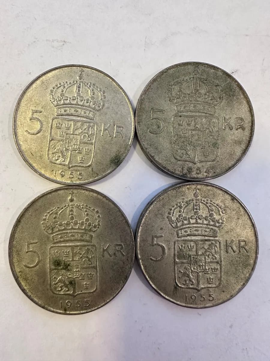 Swedish 5 Kronor Silver Coins, Lot of 4, Gustaf VI Adolf, 1954-1955 (.400 Silver)