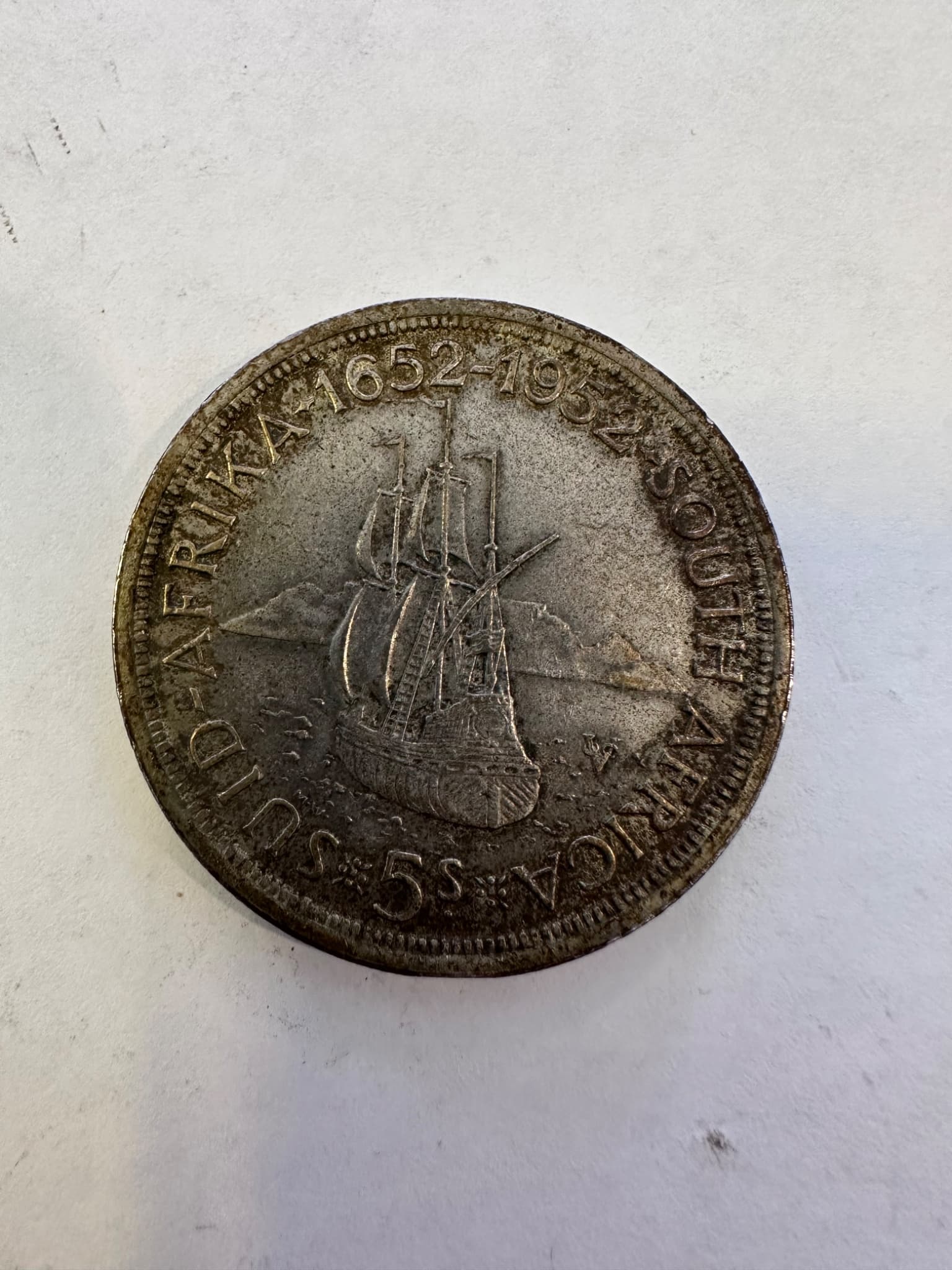 1952 South Africa 5 Shillings Coin – 1652–1952 Commemorative – Suid-Afrika / South Africa – 28.25g 2