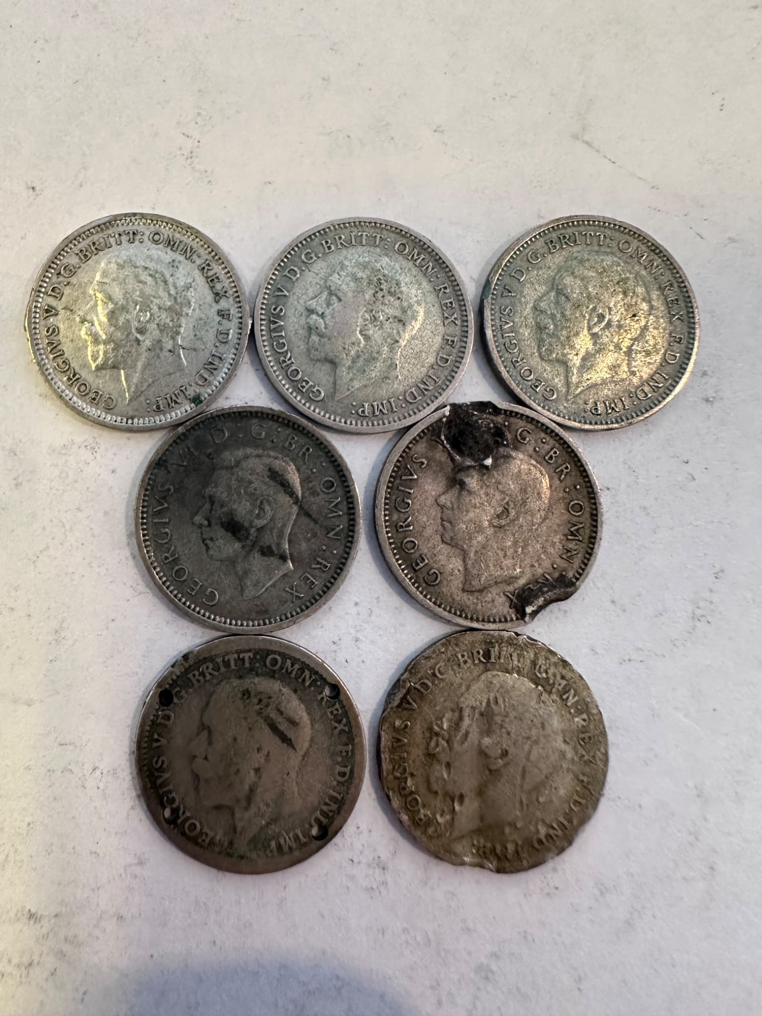 Lot of 7 British Silver Threepence Coins 1922 1931 1933 1940 King George V George VI 2