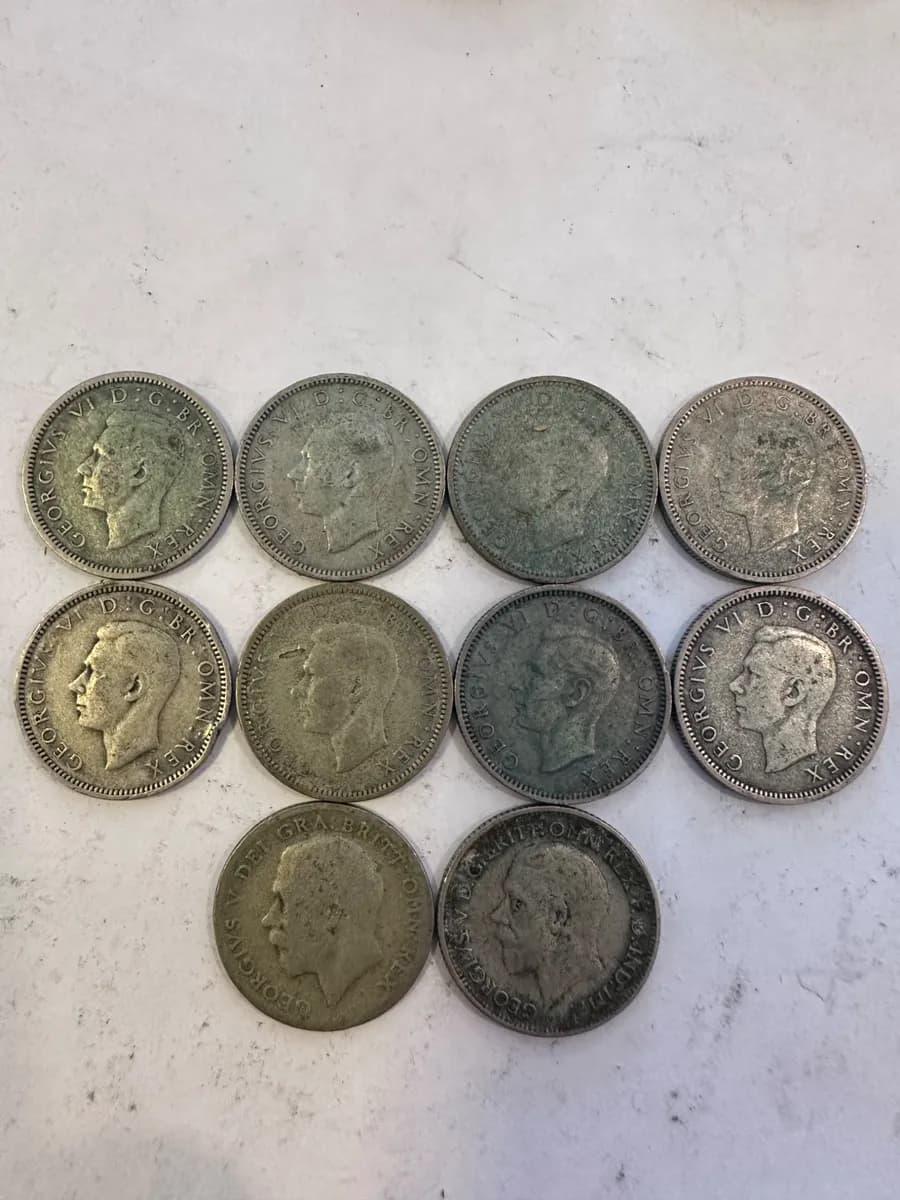 Lot of 10 British Silver Sixpence Coins (1930-1946), King George V and VI
