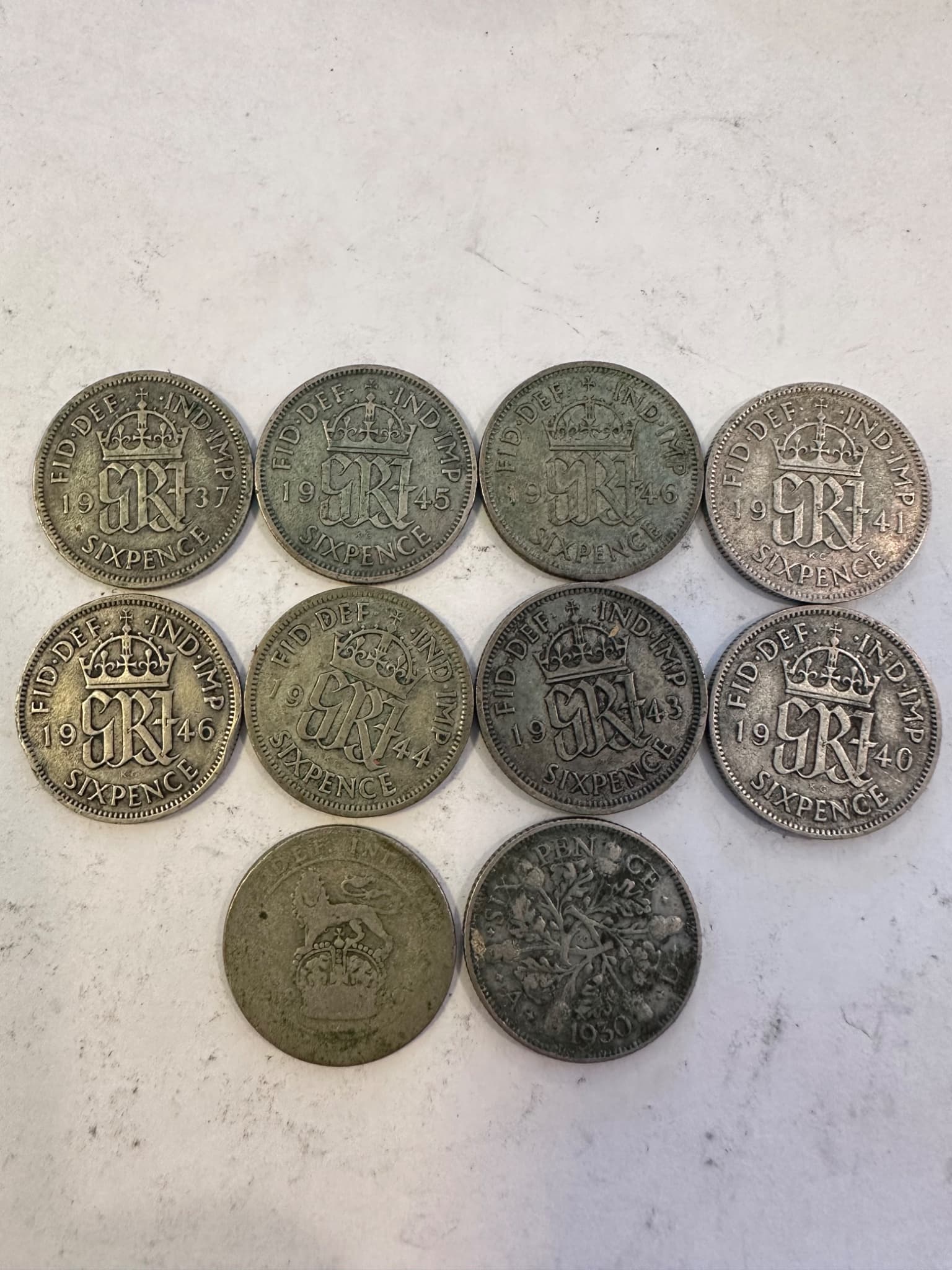 Lot of 10 British Silver Sixpence Coins 1930 to 1946 King George V George VI 2