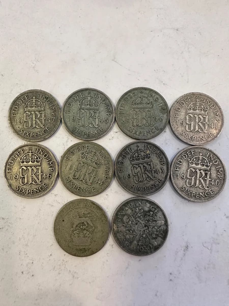 Lot of 10 British Silver Sixpence Coins (1930-1946), King George V and VI 2
