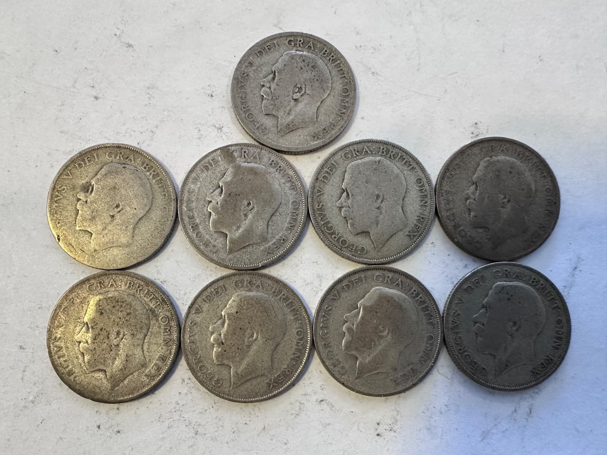 Lot of 9 UK Silver Shillings 1920s King George V 0.500 Silver Coin