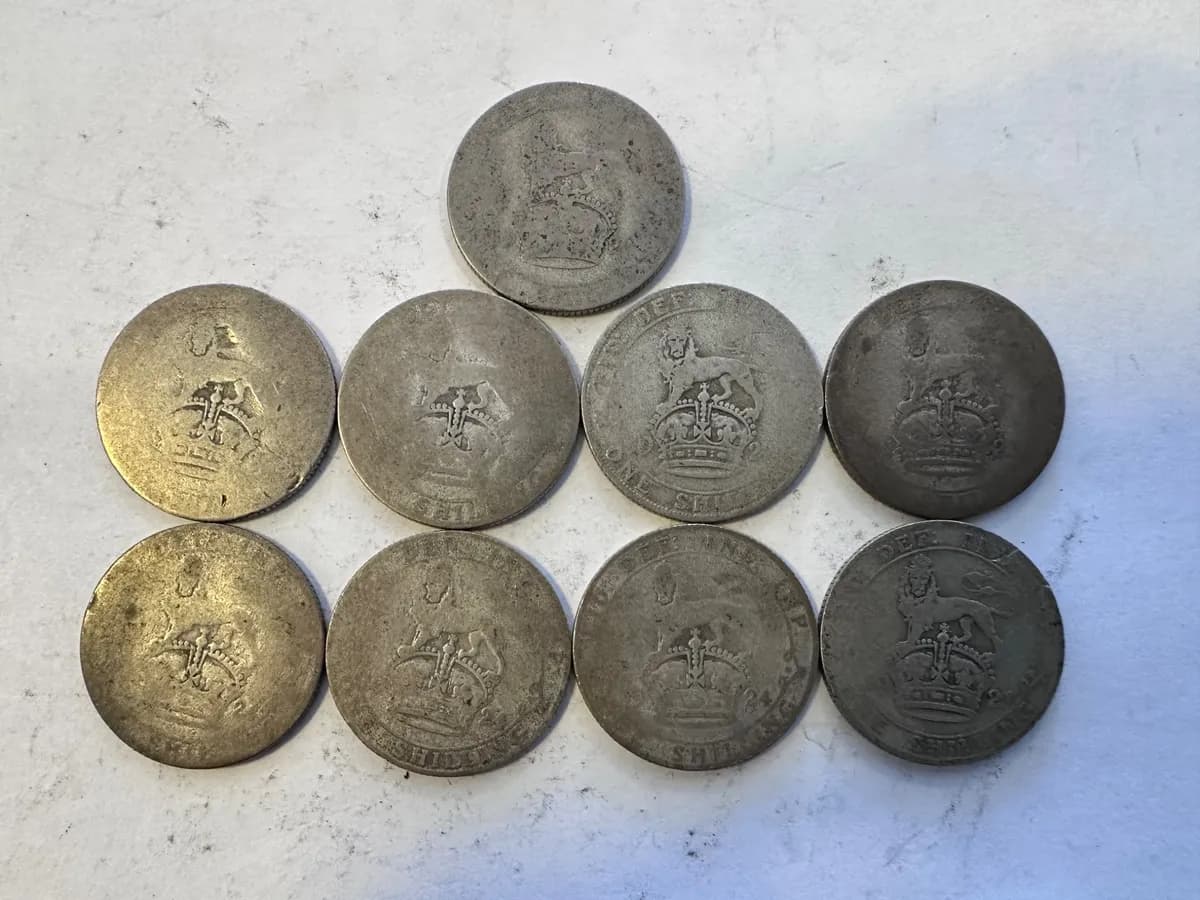 Lot of 9 UK Silver Shillings 1920s King George V 0.500 Silver Coin 2