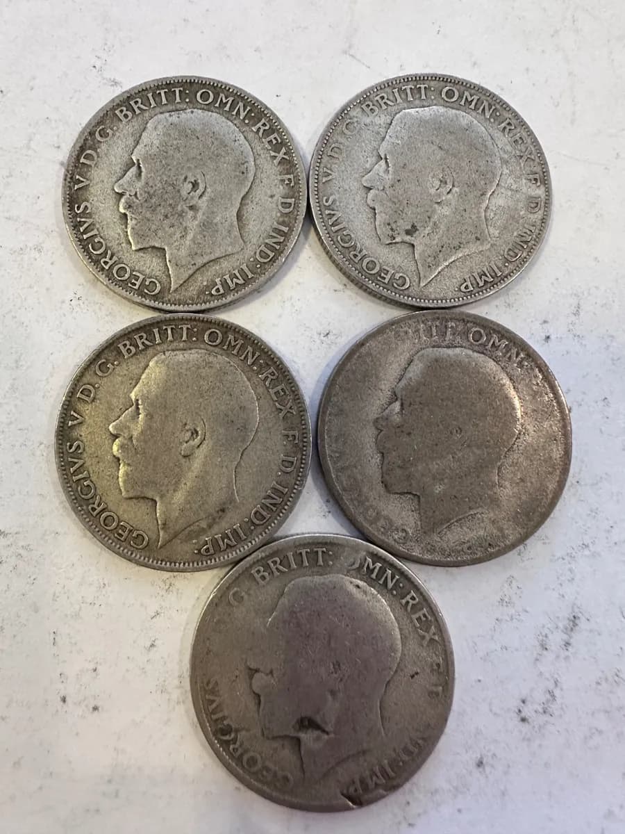 Lot of 5 UK Silver Florins, 1920s King George V Coins (0.500 Silver)