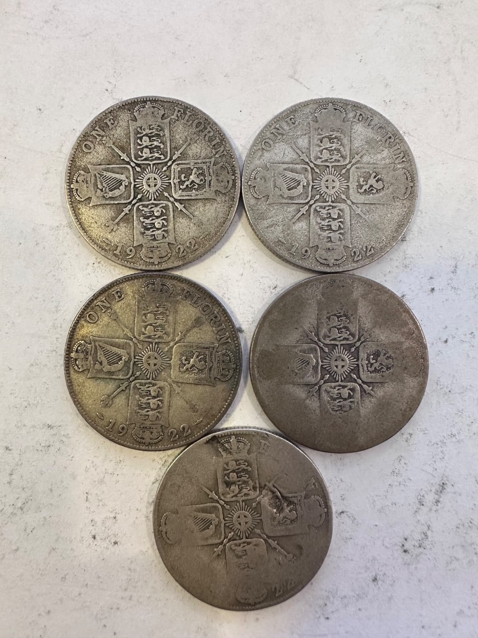 Lot of 5 UK Silver Florins 1920s King George V One Florin 0.500 Silver Coins 2