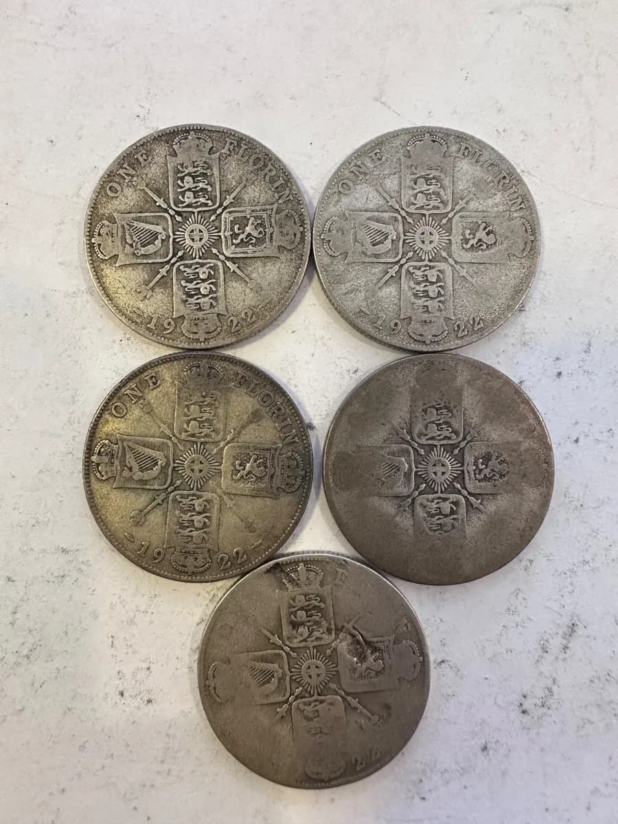 Lot of 5 UK Silver Florins, 1920s King George V Coins (0.500 Silver) 2
