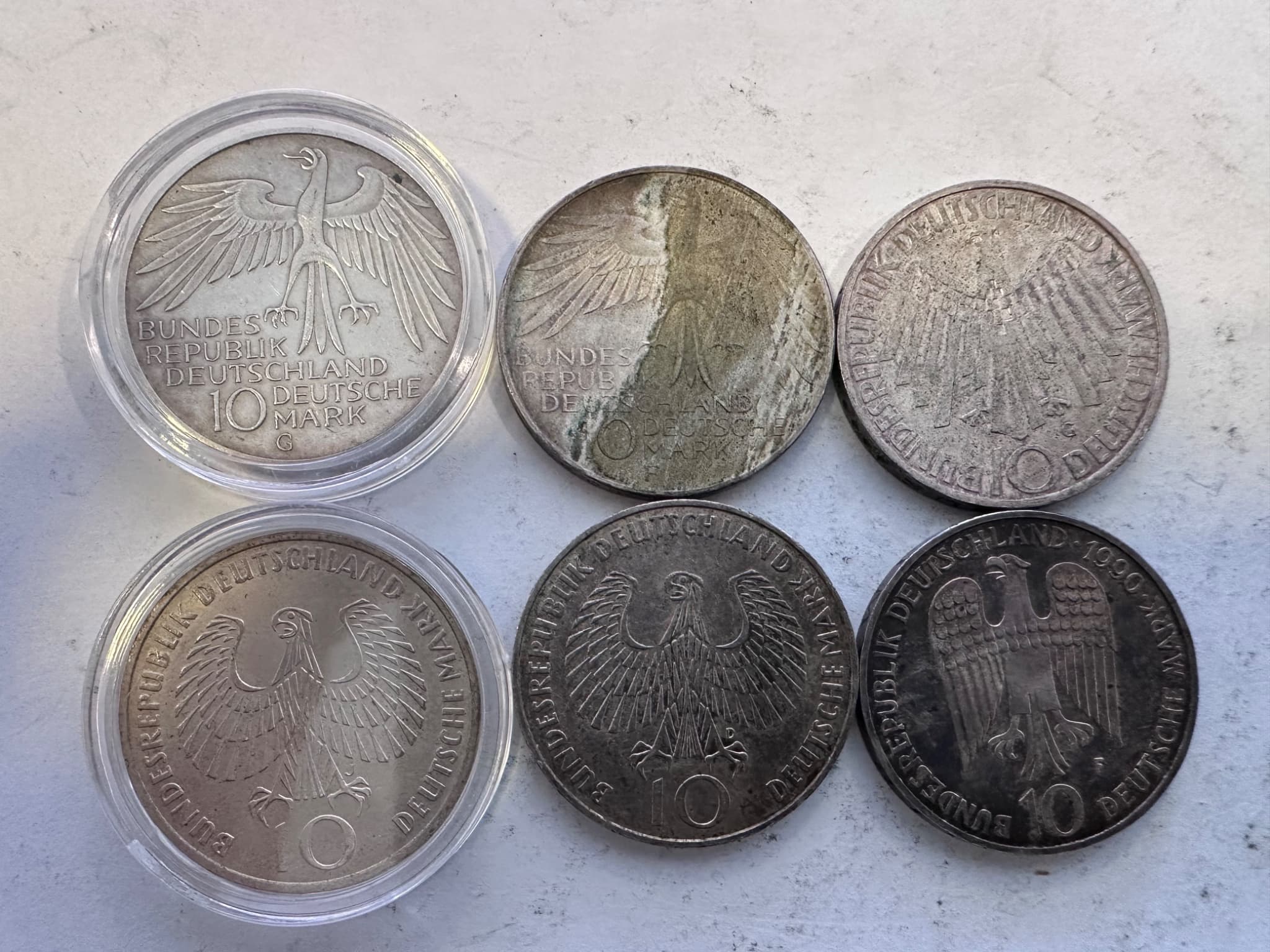 West Germany 10 Deutsche Mark Silver Coins Lot of 6 Munich Olympics 1972 Plus Barbarossa 2