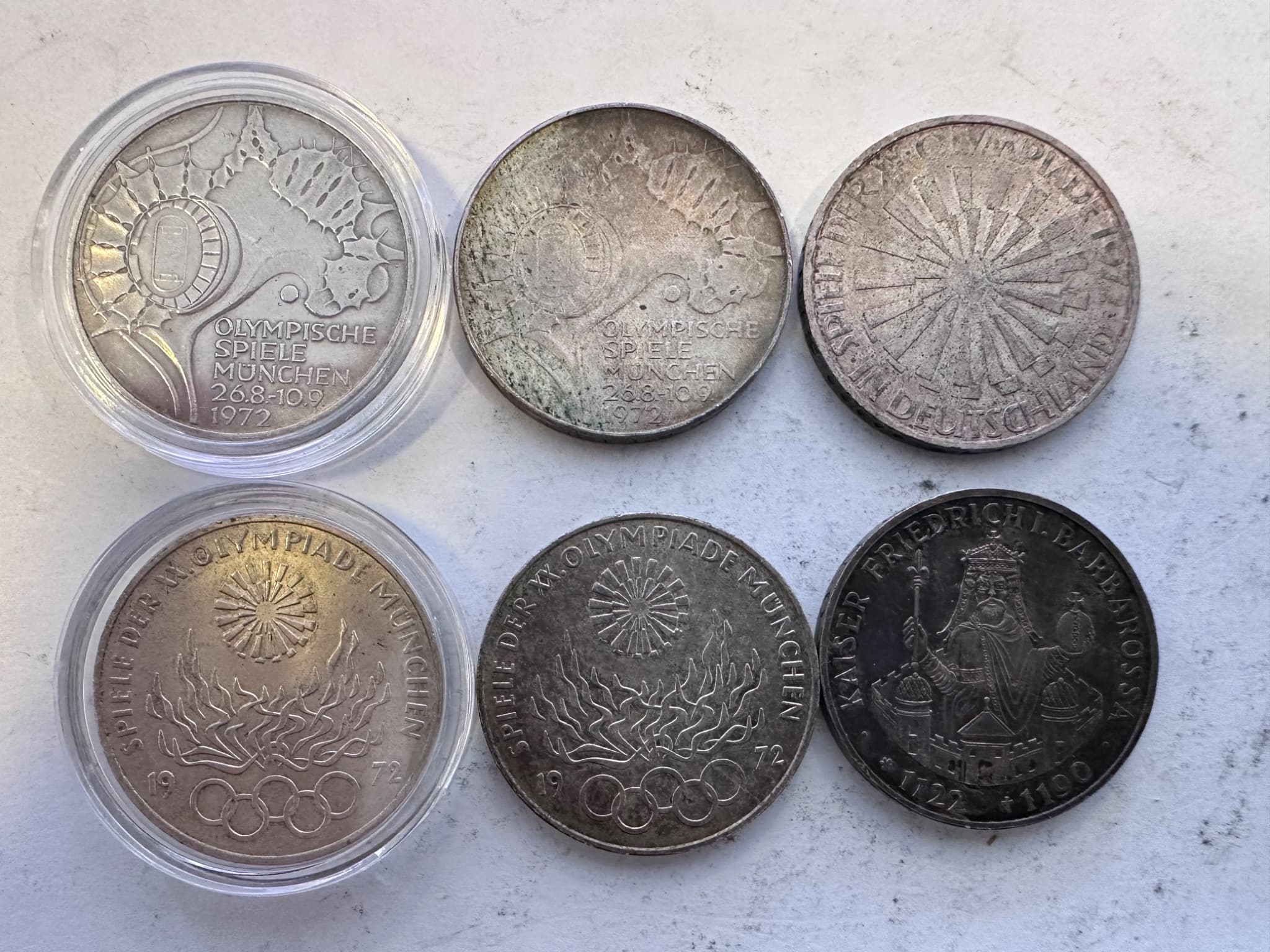 West Germany 10 Deutsche Mark Silver Coins Lot of 6 Munich Olympics 1972 Plus Barbarossa
