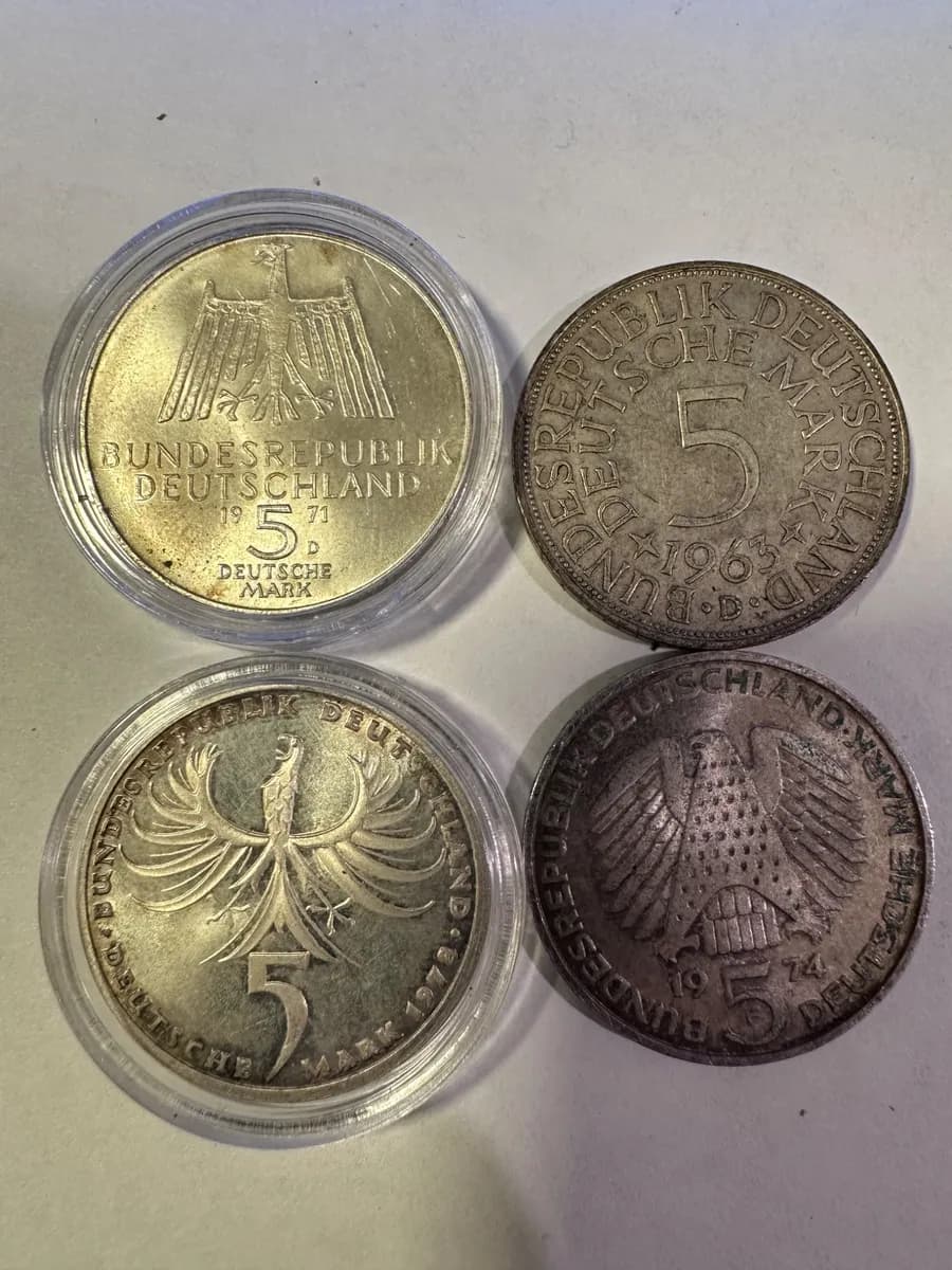 4 German Silver 5 Mark Coins - 27.9g Silver