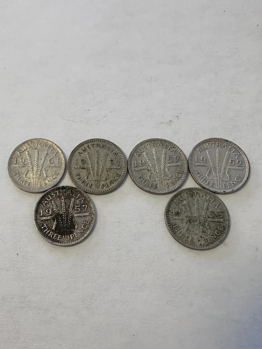 Lot of 6 Australian Threepence 50% Silver Coins (1951–1961) – Pre-Decimal Australia 2