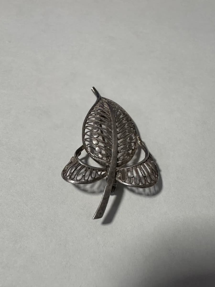 Vintage 835 Silver Filigree Leaf Brooch Pin - Handcrafted Continental Silver