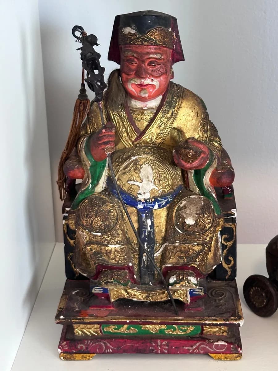 Antique Chinese Gilt Wood Tudi Gong Earth God Temple Figure with Ruyi and Gold Ingot, Inscribed SW 1912 7
