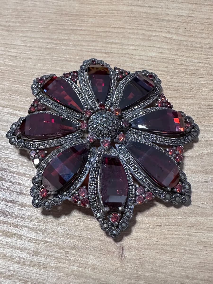 Vintage 925 Sterling Silver Marcasite Red Stone Flower Brooch Pendant Pin 47.4g