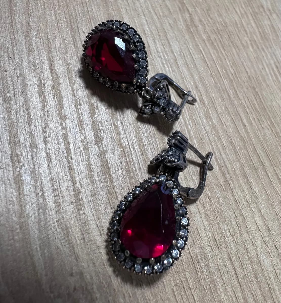 Vintage Style 925 Sterling Silver Pear Red Gemstone Dangle Earrings 2