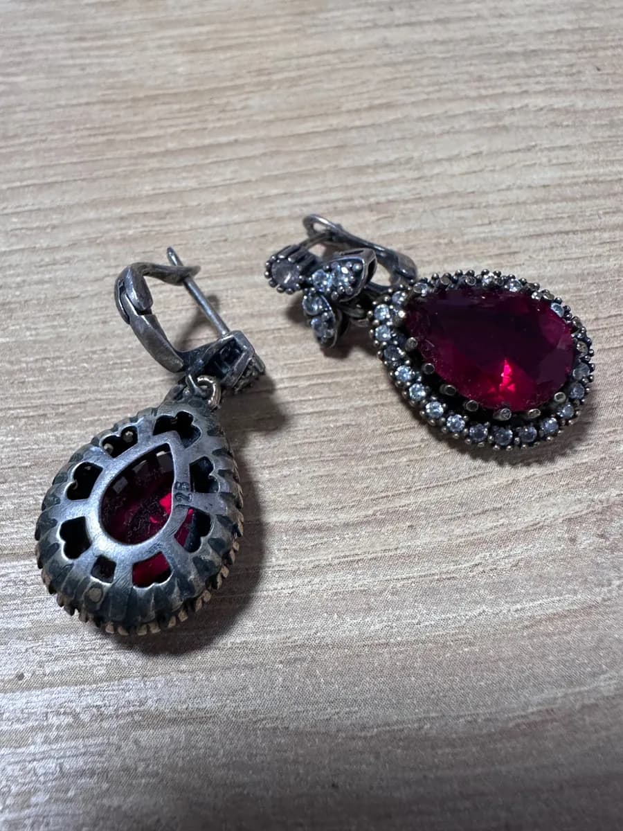 Vintage Style 925 Sterling Silver Pear Red Gemstone Dangle Earrings 3