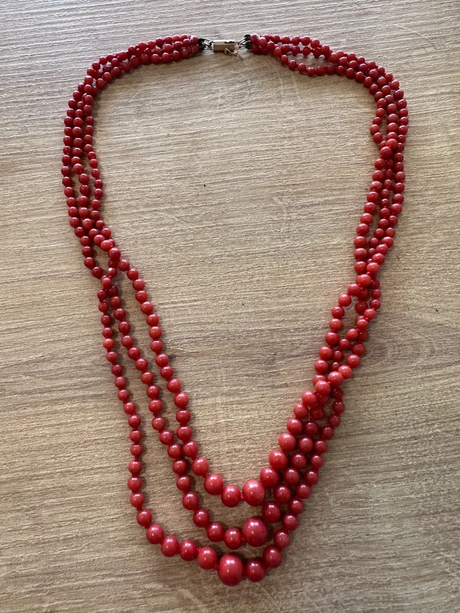 Vintage 3-Strand Graduated Red Coral Bead Necklace with 14K Gold Clasp