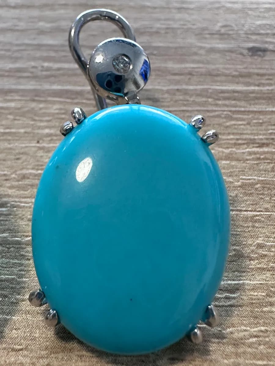 Pair of 14K White Gold Oval Turquoise and Diamond Earrings 5
