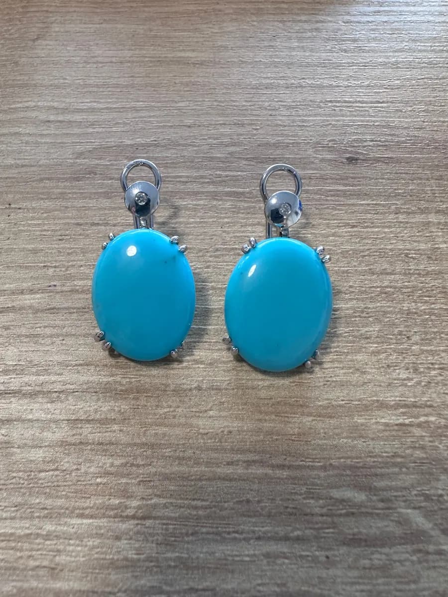 Pair of 14K White Gold Oval Turquoise and Diamond Earrings