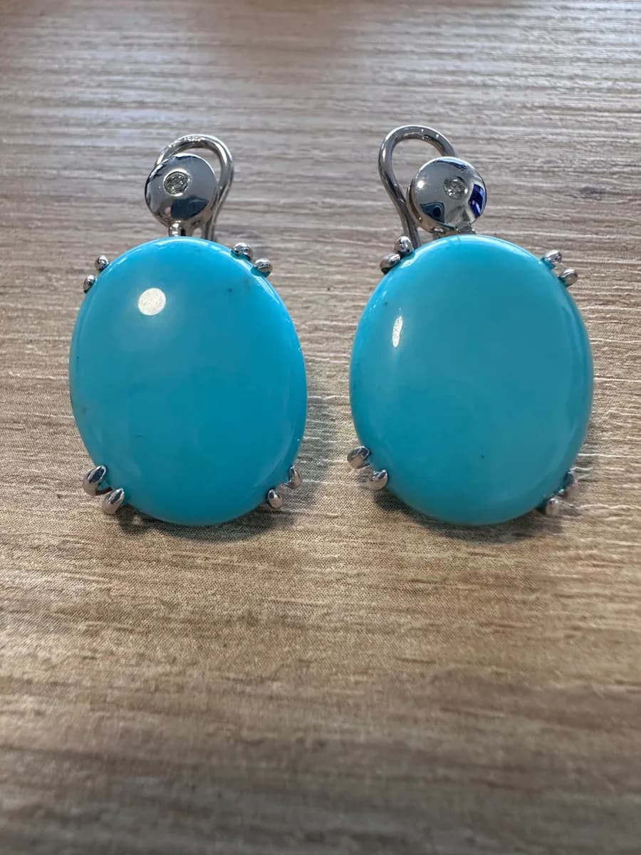Pair of 14K White Gold Oval Turquoise and Diamond Earrings 3