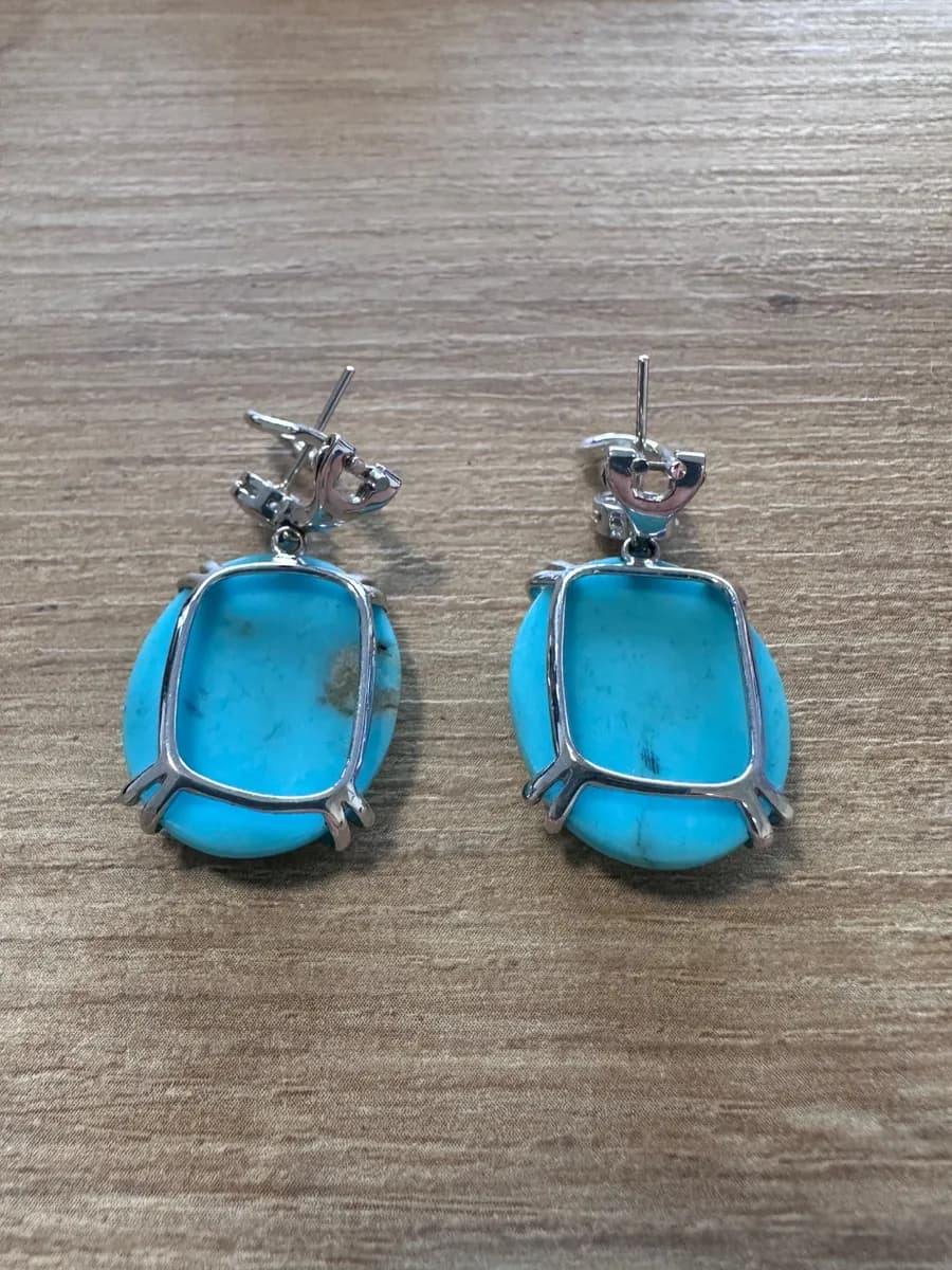 Pair of 14K White Gold Oval Turquoise and Diamond Earrings 6
