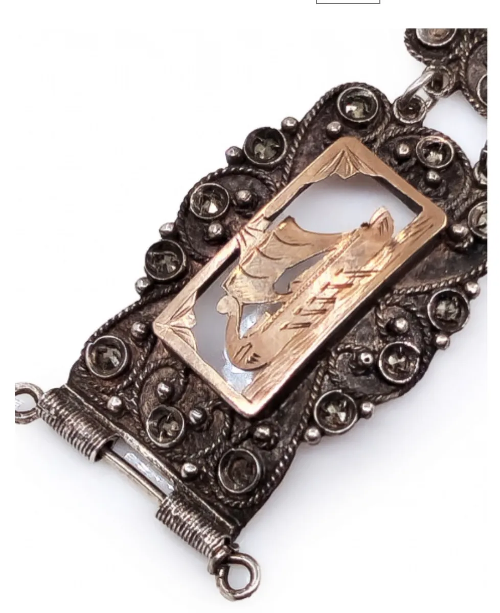Scandinavian Sterling Silver & 9K Gold Viking Ship Bracelet & Brooch Set 3