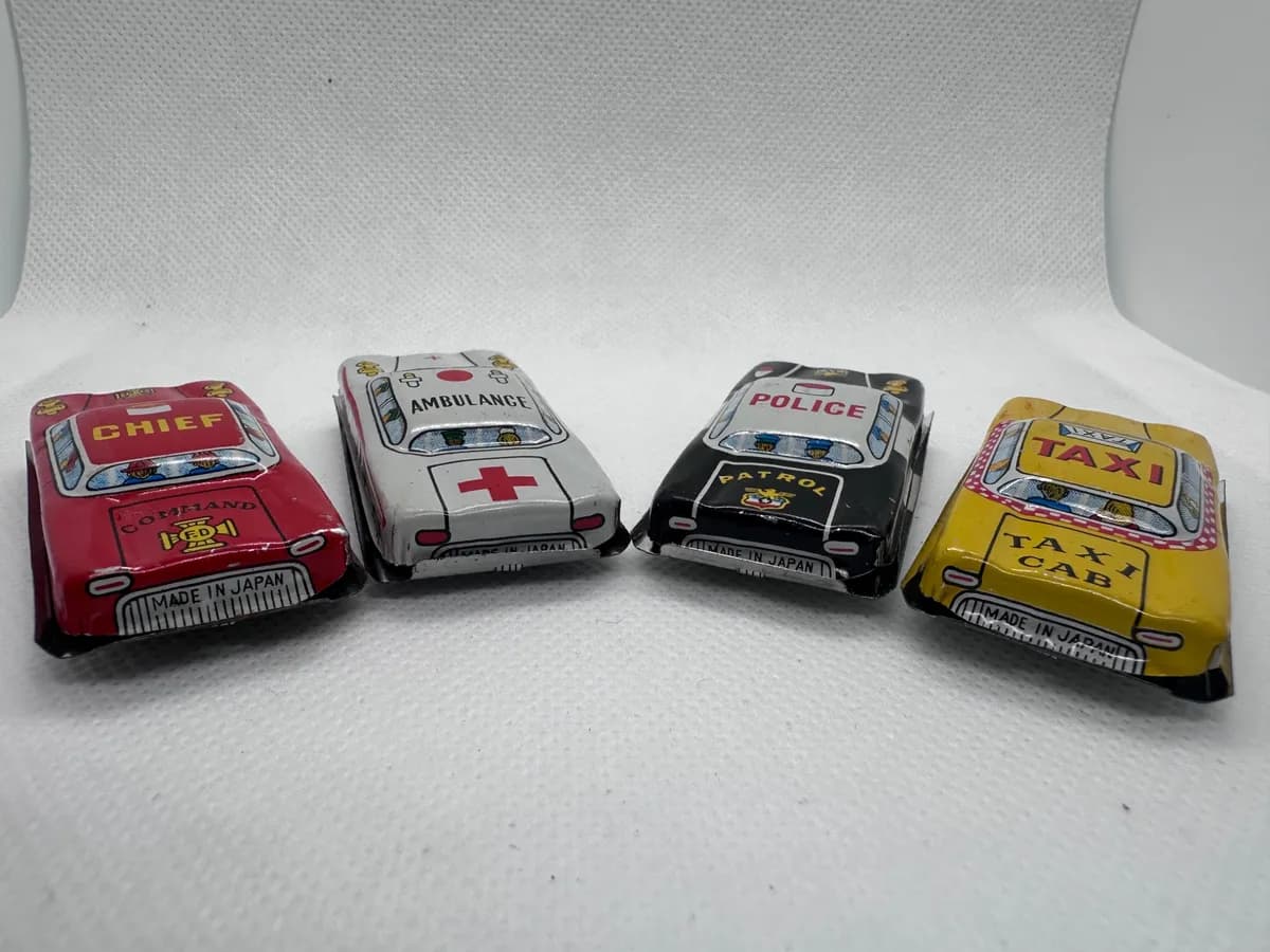 1960s Japanese Tin Litho Toy Cars, Set of 4: Fire Chief, Ambulance, Police, Taxi 2
