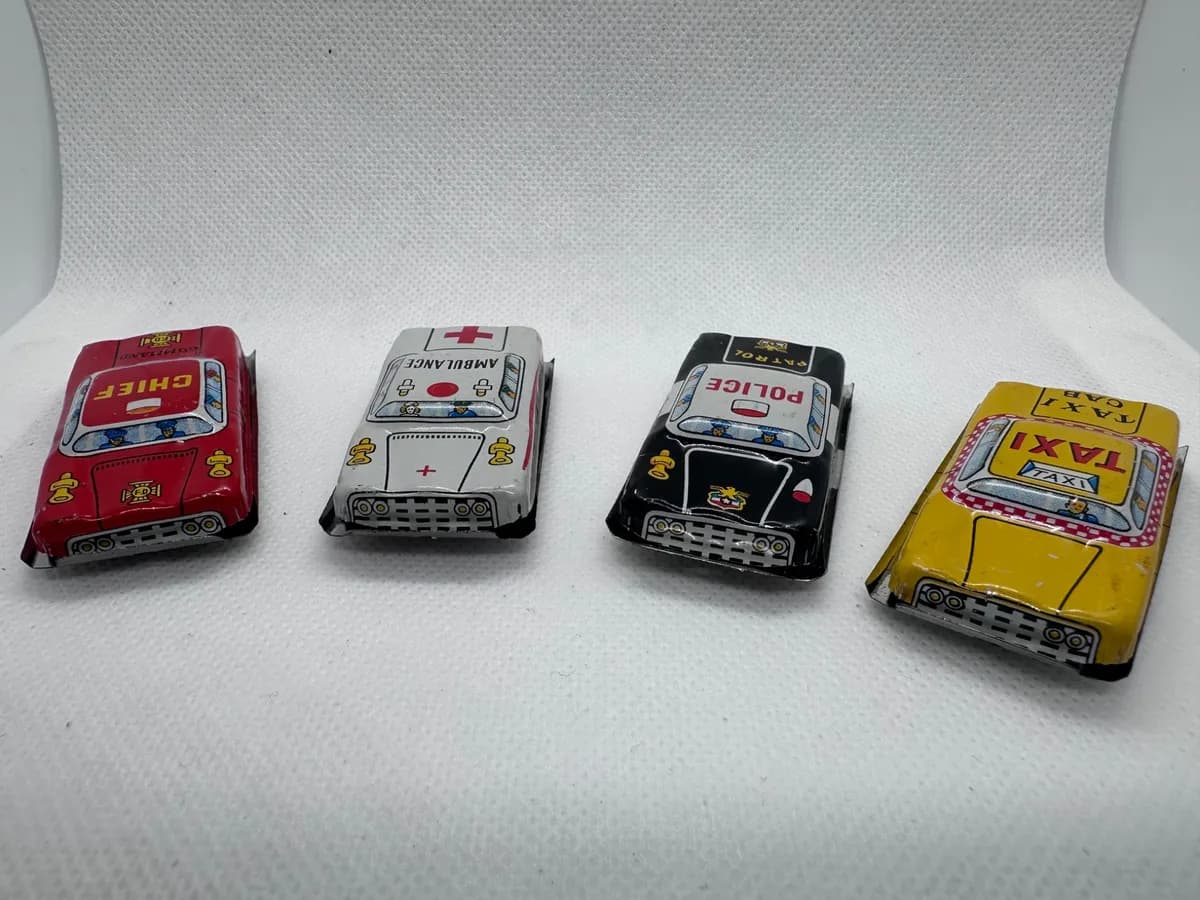 1960s Japanese Tin Litho Toy Cars, Set of 4: Fire Chief, Ambulance, Police, Taxi