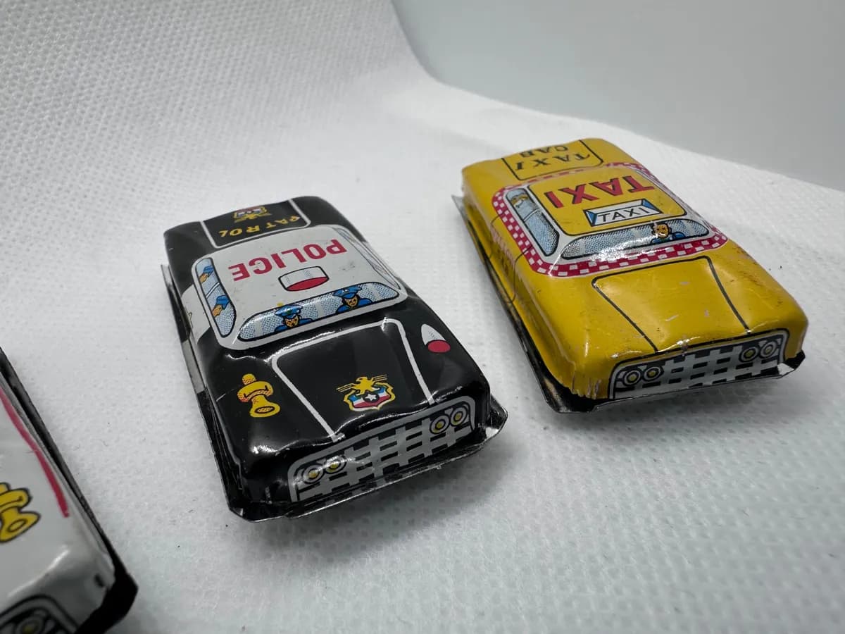 1960s Japanese Tin Litho Toy Cars, Set of 4: Fire Chief, Ambulance, Police, Taxi 3