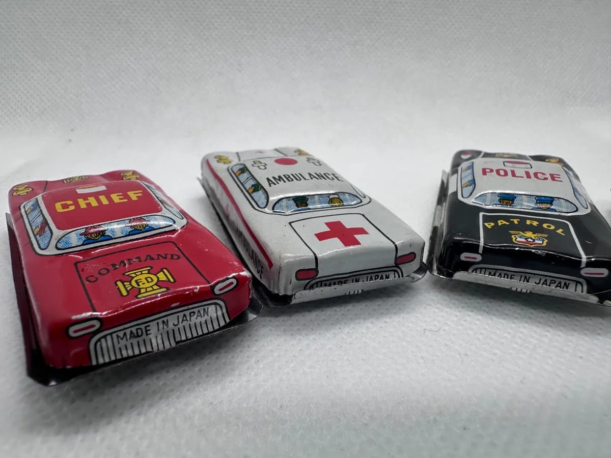 1960s Japanese Tin Litho Toy Cars, Set of 4: Fire Chief, Ambulance, Police, Taxi 4