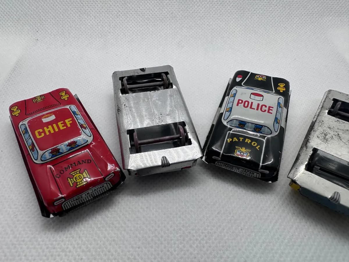 1960s Japanese Tin Litho Toy Cars, Set of 4: Fire Chief, Ambulance, Police, Taxi 5