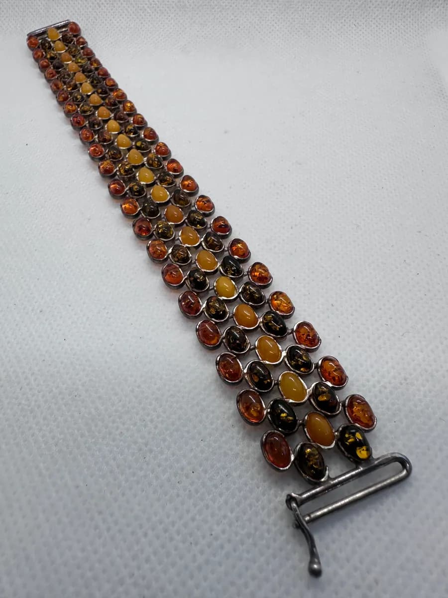 Wide 5-Row Amber Bracelet, Butterscotch, Cognac & Green Amber, 925 Silver, 34.7g 2