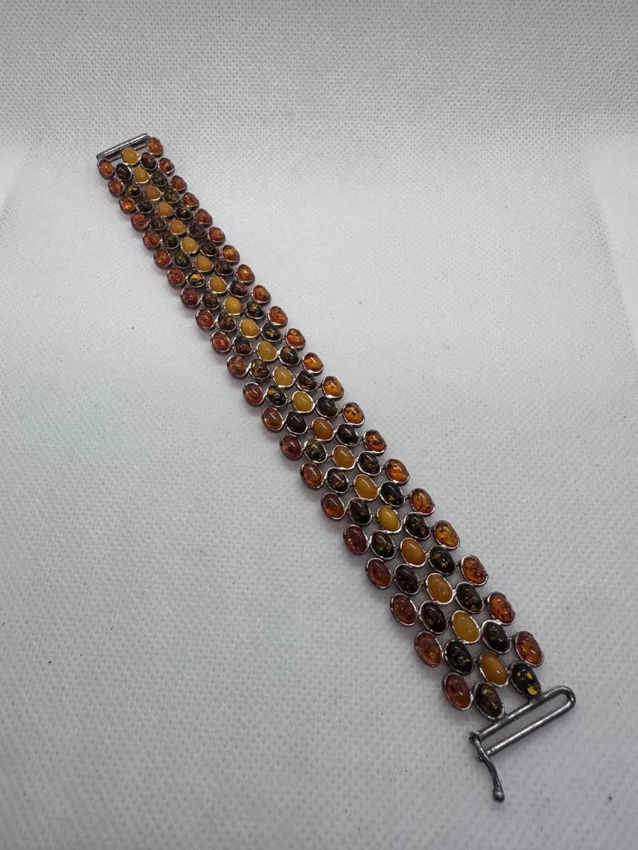 Wide 5-Row Amber Bracelet, Butterscotch, Cognac & Green Amber, 925 Silver, 34.7g