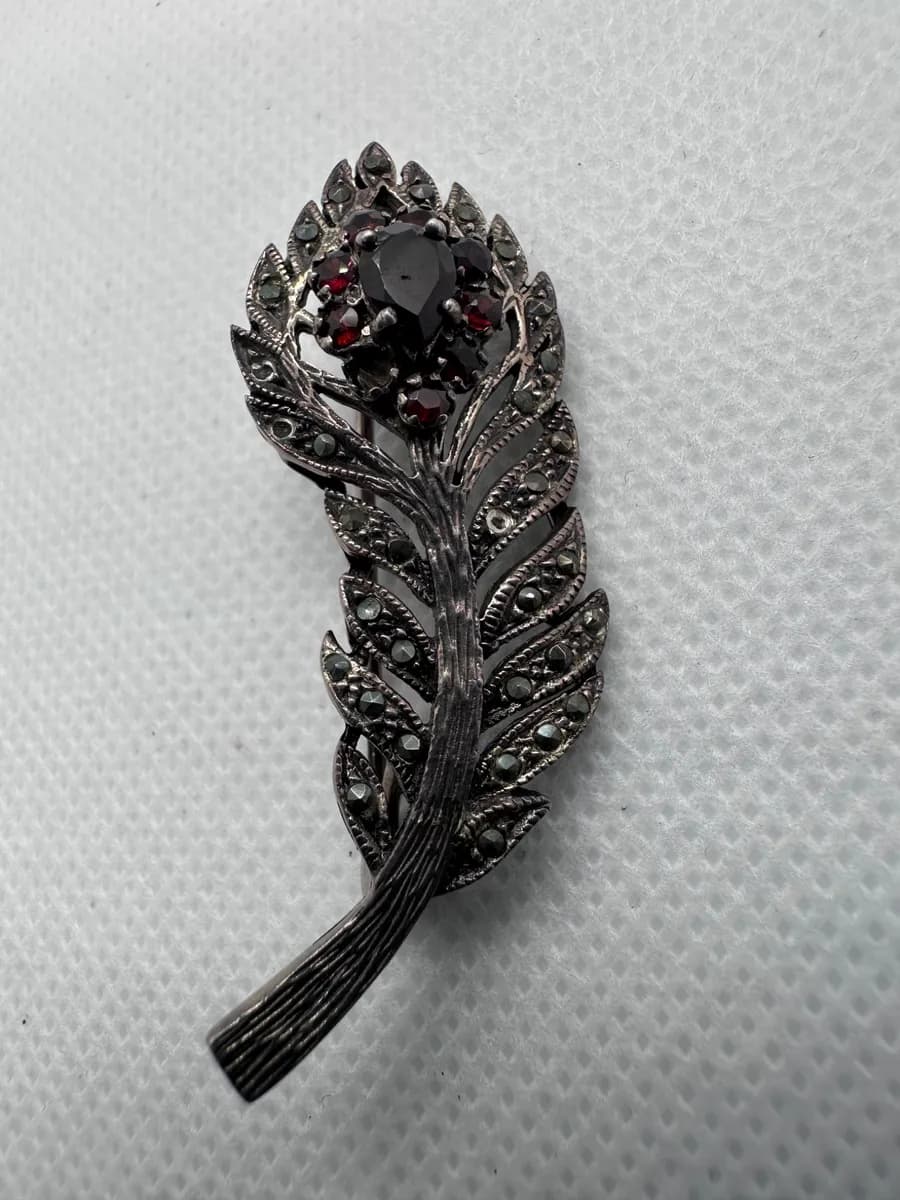 Vintage Sterling Silver Peacock Feather Brooch, Garnet Cluster and Marcasite, 925 6
