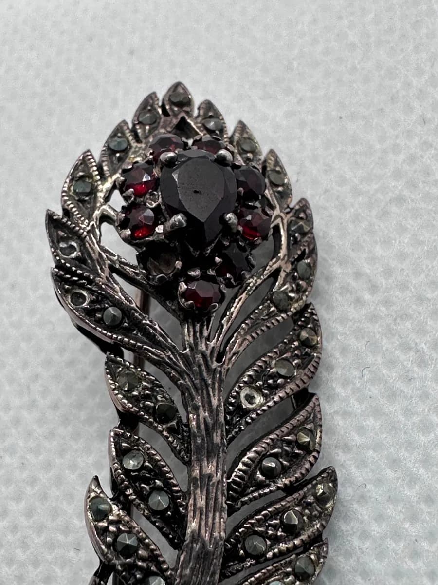 Vintage Sterling Silver Peacock Feather Brooch, Garnet Cluster and Marcasite, 925 7