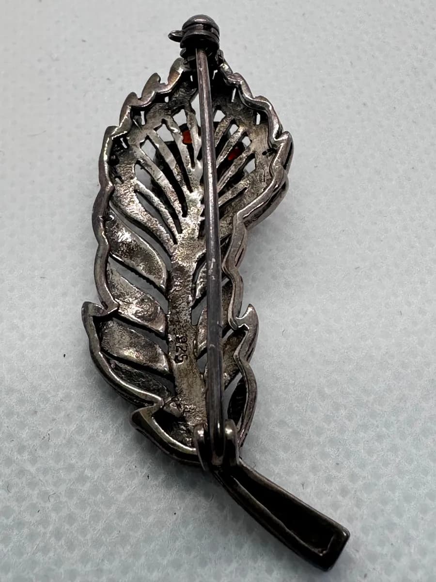 Vintage Sterling Silver Peacock Feather Brooch, Garnet Cluster and Marcasite, 925 8