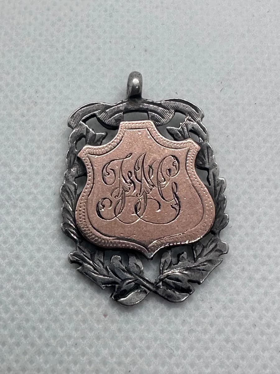 1918 British Sterling Silver & Rose Gold Shield Fob Medal - 2nd Prize Waltzing