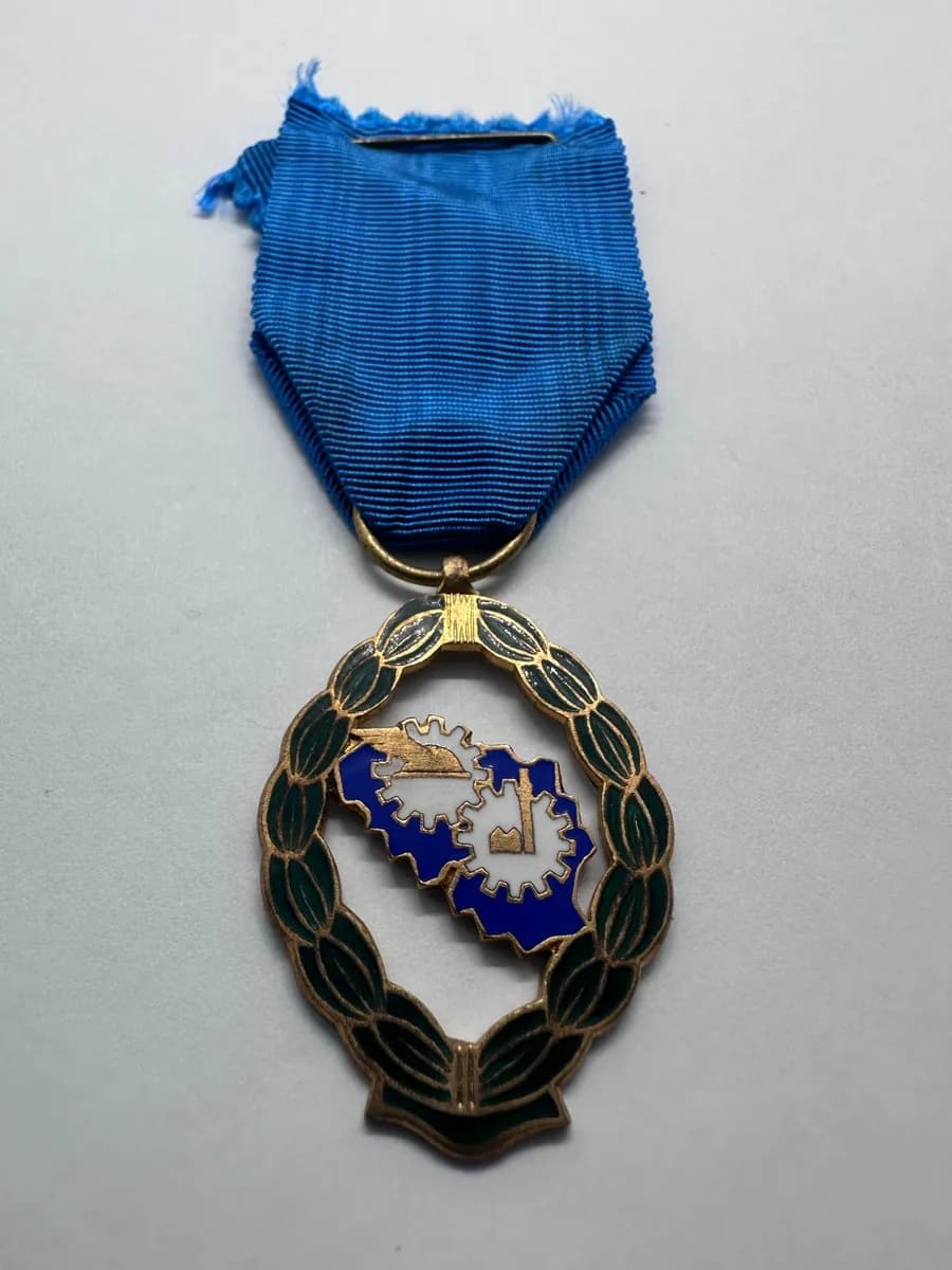 Vintage Fibru Brussels Enamel Medal, Belgium Industry and Agriculture Award, Blue Ribbon