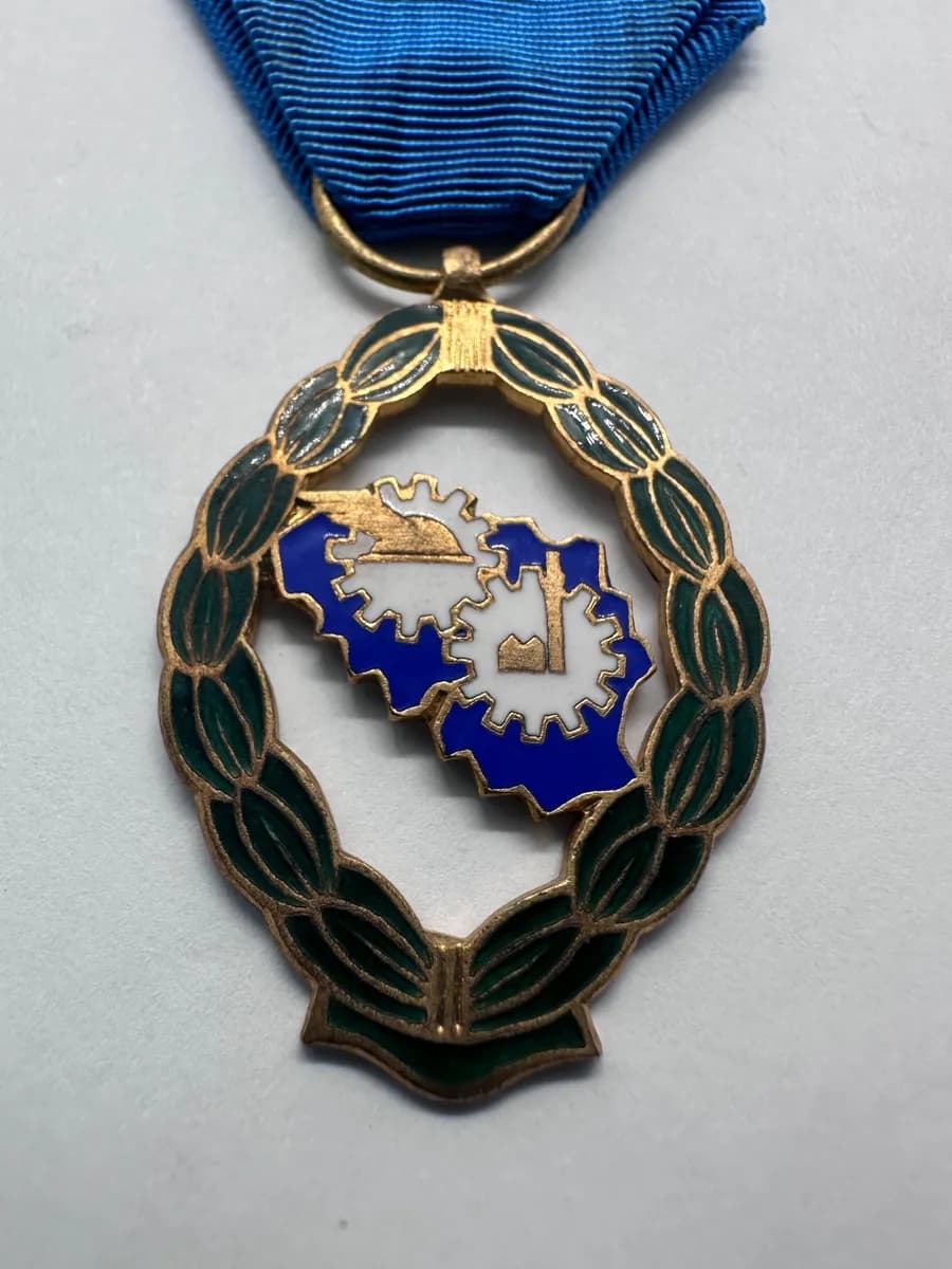 Vintage Fibru Brussels Enamel Medal, Belgium Industry and Agriculture Award, Blue Ribbon 2