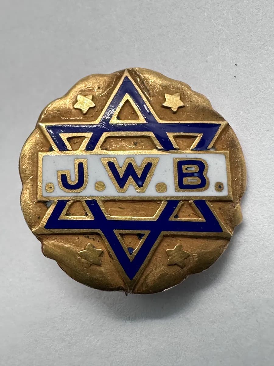 Early 20th Century Jewish Welfare Board (JWB) Pin, 14K Gold, Enamel Star of David (Acid Tested)