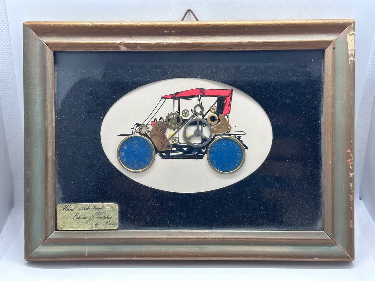 Vintage Watch Parts Art, Veteran Car Made from Clocks & Watches, Framed, Signed Plaque